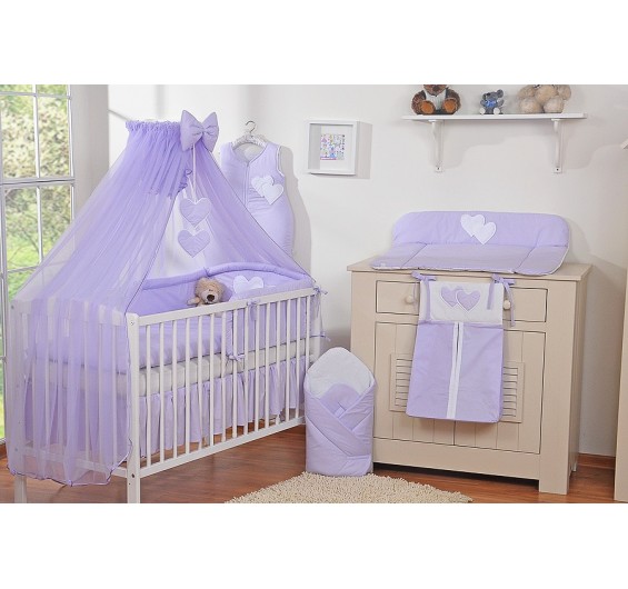 Conjunto de cama bebé  5 elementos coração lilas